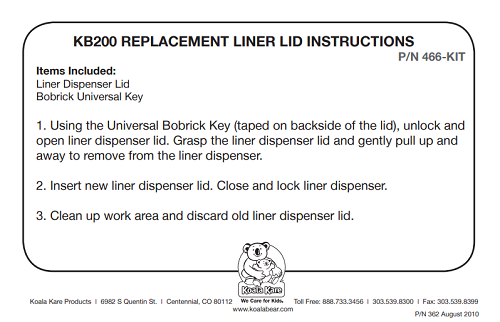 466-01-KIT - LINER DISPENSER LID KIT for Grey KB200-01 and KB200-01SS Horizontal Changing Stations