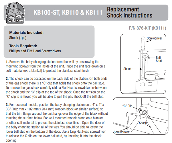 876-KIT - SHOCK KIT for Both KB111-SSRE and KB111-SSWM Stainless Changing Stations