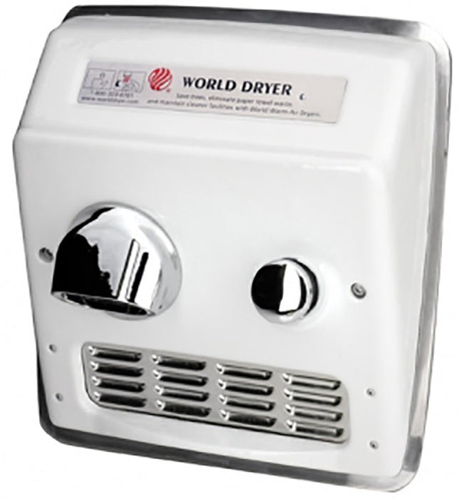 World Dryer RA57-Q974 (277V) Recessed Cast Iron Push-Button White Hand Dryer  — Allied Hand Dryer
